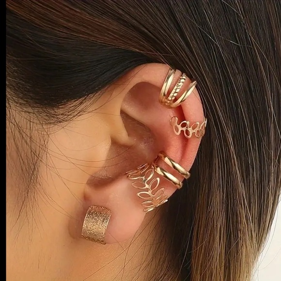 3/ $15 New 5PC C Shaped Ear Clips Set Curve Gold Decor Earrings Hollow Leaf Gold - Picture 2 of 16